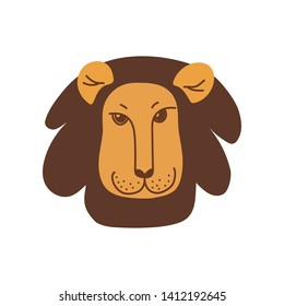 Cute Lion Head with Kind Face, Design Element Can Be Used for T-shirt Print, Poster, Card, Label, Badge Vector Illustration