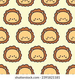 Cute Lion Head Seamless Pattern Background. Zoo Wild Animals Icon Image for Wallpaper, Fabric Textile, Book Cover, Pillow Case Design, etc. Adorable Panthera Leo Zodiac Doodle Illustration Drawing