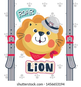 Cute lion head wearing safari hat with overalls strap on white background illustration vector, T-shirt design for kids.