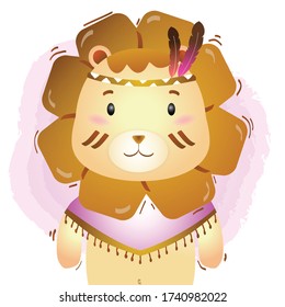 a cute lion in a headdress with feathers. Cartoon lion indian. Vector illustration