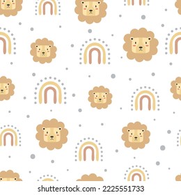 Cute lion heads with rainbows seamless vector pattern in skandinavian style on white background, textile for kids