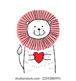 Cute lion with heart. Be my Valentine. Valentine's day banner, background, flyer, placard. Holiday poster for scrapbooking. Vector illustration card for greeting, decoration, congratulation