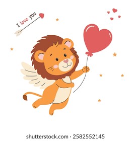 Cute lion with heart shaped balloon. Cute flat illustration in a childish style. Valentine's day vector illustration.