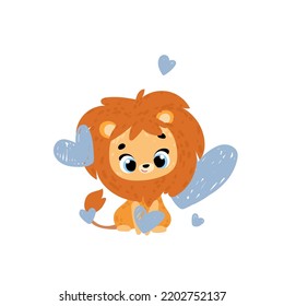 Cute lion with heart. Vector print for Valentines day, children room, fabric, paper, greeting card, postcard, card, t shirt, poster, textile. Vector illustration. Happy birthday card. 