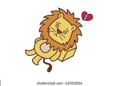 Cute Lion Heartbroken. Vector Illustration. Isolated on white background.