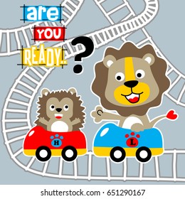 Cute lion with hedgehog playing roller coaster, vector cartoon illustration