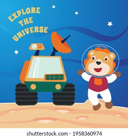 Cute lion and his Rover  exploring the red planet. Mission to search for traces of life. Creative vector childish background for fabric, textile, nursery wallpaper, poster. and other decoration.