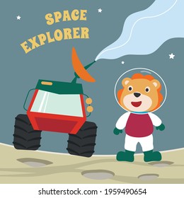 Cute lion and his Rover  exploring the red planet. Mission to search for traces of life. Creative vector childish background for fabric, textile, nursery wallpaper, poster. and other decoration.