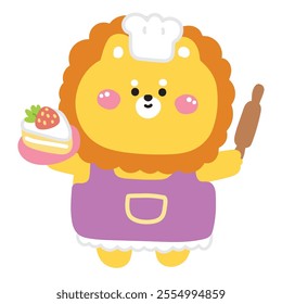 Cute lion hold strawberry cake and egg whisk.Cooking.Bakery.Sweet and dessert.Wild animal character cartoon design.Kawaii.Vector.Illustration. 