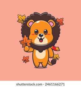Cute lion holding autumn leaf. Mascot cartoon vector illustration suitable for poster, brochure, web, mascot, sticker, logo and icon.