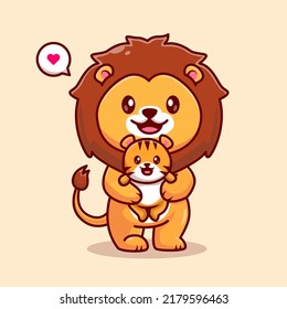 Cute Lion Holding Baby Tiger Cartoon Vector Icon Illustration. Animal Nature Icon Concept Isolated Premium Vector. Flat Cartoon Style