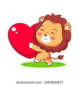 Cute Lion Holding Big Love heart Cartoon Character. Adorable and Kawaii Animal Icon Mascot Concept Design. Logo Vector Illustration. Isolated White Background.