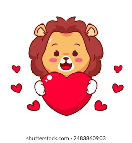 Cute Lion Holding Big Love heart Cartoon Character. Adorable and Kawaii Animal Icon Mascot Concept Design. Logo Vector Illustration. Isolated White Background.