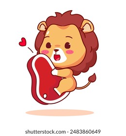 Cute Lion Holding Big Meat Cartoon Character. Adorable and Kawaii Animal Icon Mascot Concept Design. Logo Vector Illustration. Isolated White Background.