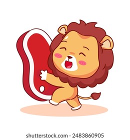 Cute Lion Holding Big Meat Cartoon Character. Adorable and Kawaii Animal Icon Mascot Concept Design. Logo Vector Illustration. Isolated White Background.