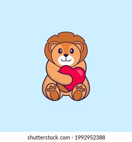 Cute lion holding a big red heart. Animal cartoon concept isolated. Can used for t-shirt, greeting card, invitation card or mascot.