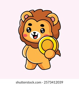 cute lion holding gold coin