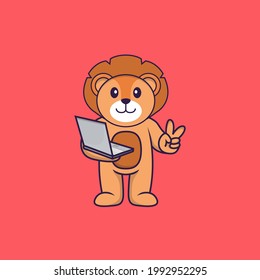 Cute lion holding laptop. Animal cartoon concept isolated. Can used for t-shirt, greeting card, invitation card or mascot.