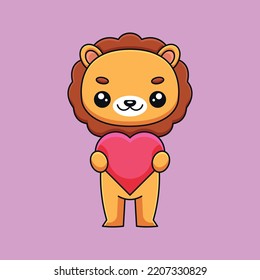 cute lion holding love hearth cartoon doodle art hand drawn concept vector kawaii icon illustration