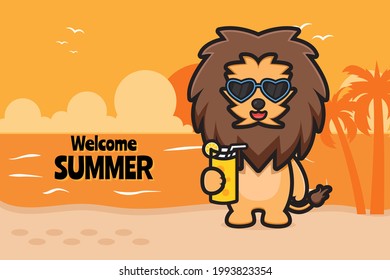 Cute lion holding orange juice with a summer greeting banner cartoon vector icon illustration. Design isolated on orange yellow. Flat cartoon style.