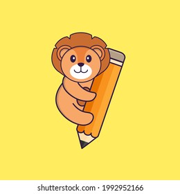 Cute lion holding a pencil. Animal cartoon concept isolated. Can used for t-shirt, greeting card, invitation card or mascot.