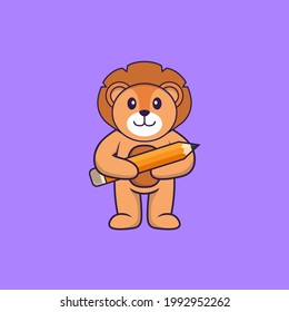 Cute lion holding a pencil. Animal cartoon concept isolated. Can used for t-shirt, greeting card, invitation card or mascot.