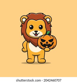 cute lion holding pumpkin cartoon illustration