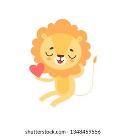 Cute Lion Holding Red Heart, Funny African Animal Cartoon Character Vector Illustration