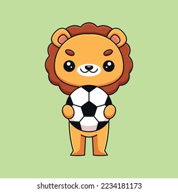 cute lion holding soccer ball cartoon mascot doodle art hand drawn concept vector kawaii icon illustration