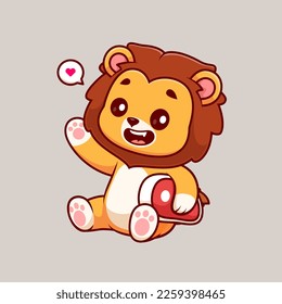 Cute Lion Holding Steak Meat Cartoon Vector Icon Illustration. Animal Food Icon Concept Isolated Premium Vector. Flat Cartoon Style