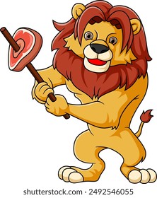 Cute Lion Holding Steak Meat Cartoon Vector of illustration