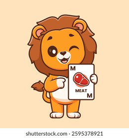 Cute Lion Holding Steak Meat Card Game Cartoon Vector Icon Illustration. Animal Education Icon Concept Isolated Premium Vector. Flat Cartoon Style