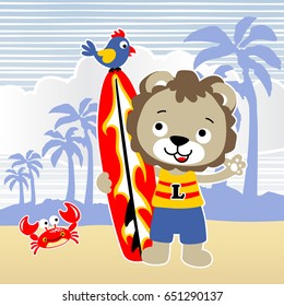 Cute lion holding surfboard with bird and crab on palm trees background, vector cartoon illustration