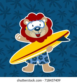 Cute lion holding surfboard on palm tree background pattern, vector cartoon illustration