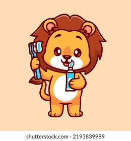 Cute Lion Holding Toothbrush And Toothpaste Cartoon Vector Icon Illustration. Animal Health Icon Concept Isolated Premium Vector. Flat Cartoon Style