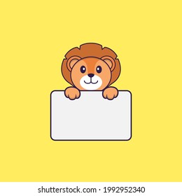 Cute lion holding whiteboard. Animal cartoon concept isolated. Can used for t-shirt, greeting card, invitation card or mascot.