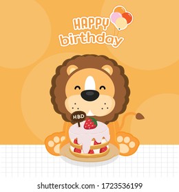 Cute Lion holds a birthday cake. Happy Birthday Greeting Card.