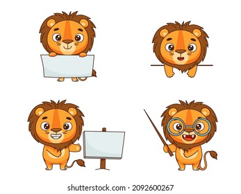 A cute lion holds a sign, holds a poster, points out with a pointer, looks out from behind the edge. Set of vector characters for design in cartoon style.