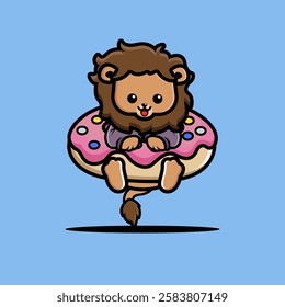 Cute lion hug big doughnut cartoon