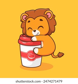 Cute Lion Hug Coffee Cup Cartoon Vector Icon Illustration. Animal Drink Icon Concept Isolated Premium Vector. Flat Cartoon Style