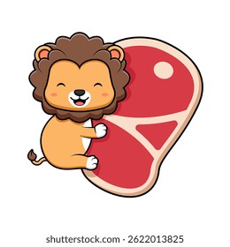 Cute Lion Hug Meat Mascot Animal Character Icon Illustration. Flat Cartoon Style Suitable for Web Landing Page, Banner, Sticker, Card