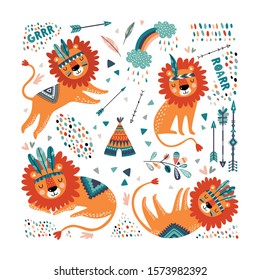 Cute lion illustration. Childish vector print.