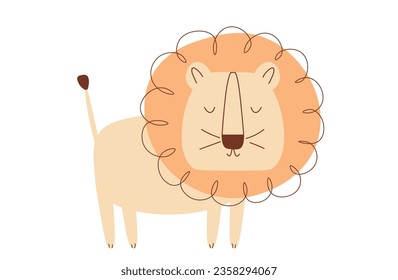 Cute lion illustration. Illustration in scandinavian style. Nice animal character. Vector hand drawing. Baby clothes print, poster, nursery decor. Flat illustration isolated on white background.