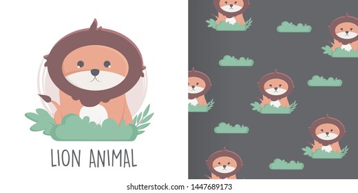 cute lion ilustration and seamless pattern