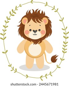 Cute lion inside an oval leaves border