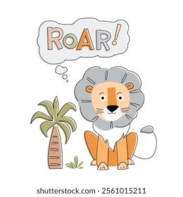 Cute lion isolated with palm tree and Roar text on white background. Vector Illustration.