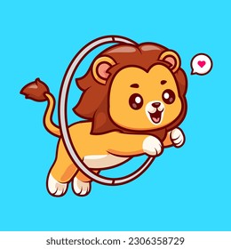 Cute Lion Jump In Ring Circus Cartoon Vector Icon Illustration. Animal Holiday Icon Concept Isolated Premium Vector. Flat Cartoon Style