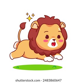 Cute Lion Jumping Cartoon Character. Adorable and Kawaii Animal Icon Mascot Concept Design. Logo Vector Illustration. Isolated White Background.