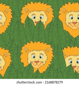Cute lion in the jungle. Animal seamless pattern. Vector illustration.