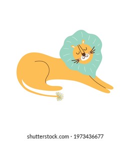 Cute lion. Jungle lion with blue mane Wild cat. Wildlife animals. Cartoon lion isolated graphic element. Jungle life clipart vector illustration. Safati animal in childish hand drawn style. Naive art.